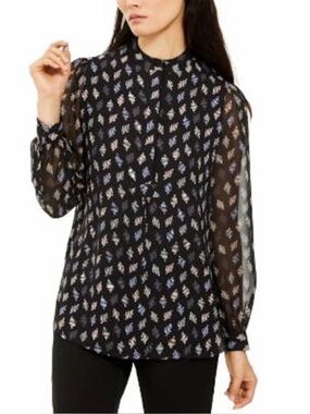 New Anne Klein Black Blouse Sheer Long Sleeves 1/4 Button Design Size XL